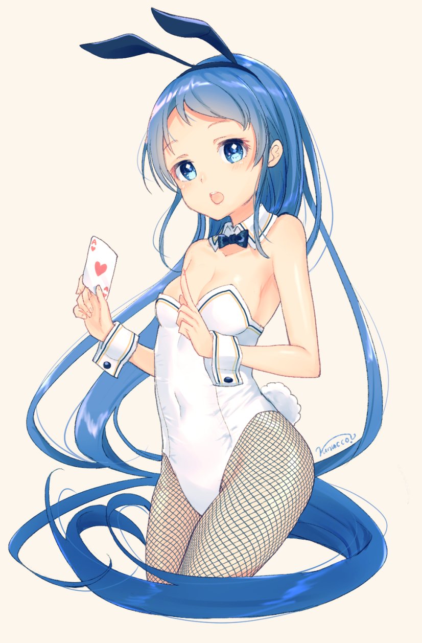ace_of_hearts blue_eyes blue_hair breasts bunnysuit fishnet_pantyhose fishnets highres index_finger_raised kantai_collection long_hair nunucco pantyhose samidare_(kantai_collection) simple_background small_breasts very_long_hair