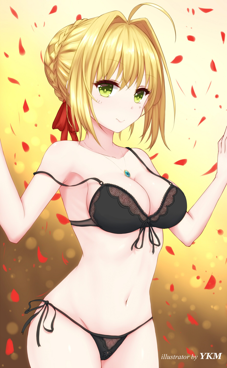 1girl ahoge artist_name bangs black_bra black_panties blonde_hair bra braid breasts cleavage closed_mouth collarbone commentary_request dylannn eyebrows_visible_through_hair fate/extra fate/stay_night fate_(series) french_braid green_eyes hair_ornament hair_ribbon hands_up highres jewelry looking_at_viewer medium_breasts navel necklace nero_claudius_(fate) nero_claudius_(fate)_(all) panties petals red_petals red_ribbon ribbon see-through side-tie_panties smile solo standing strap_slip underwear underwear_only