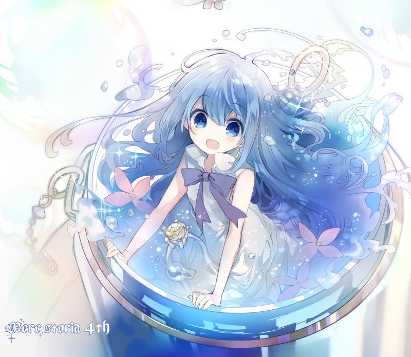 1girl :d arm_support bangs bare_arms blue_eyes blue_hair commentary_request copyright_name cyawa dress eyebrows_visible_through_hair flower hair_between_eyes in_container jewelry liquid_hair long_hair looking_at_viewer merc_(merc_storia) merc_storia open_mouth purple_flower ring sleeveless sleeveless_dress smile solo very_long_hair water white_dress