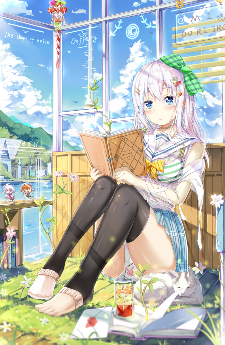 3girls animal araragikoyomis blue_eyes book bow cat character_request clouds drink fate/grand_order fate_(series) flower fujimaru_ritsuka_(female) grass green_bow hair_ornament highres letter mash_kyrielight multiple_girls panties plant print_panties sitting skirt sky smile tagme thigh-highs underwear water white_hair yellow_bow