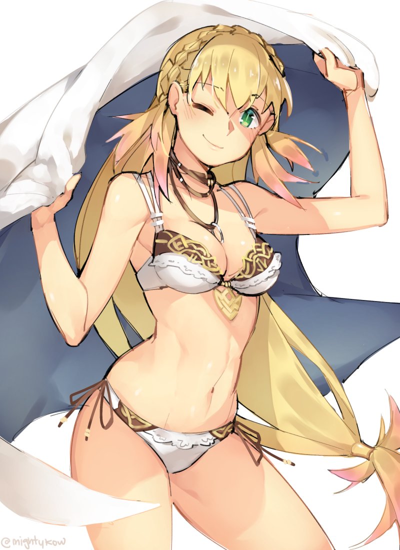 1girl bikini blonde_hair braid breasts cleavage cloak cowboy_shot fire_emblem fire_emblem_heroes gebyy-terar green_eyes jewelry long_hair looking_at_viewer medium_breasts midriff navel neck_ring one_eye_closed sharena side-tie_bikini simple_background smile solo swimsuit twitter_username very_long_hair white_background white_bikini