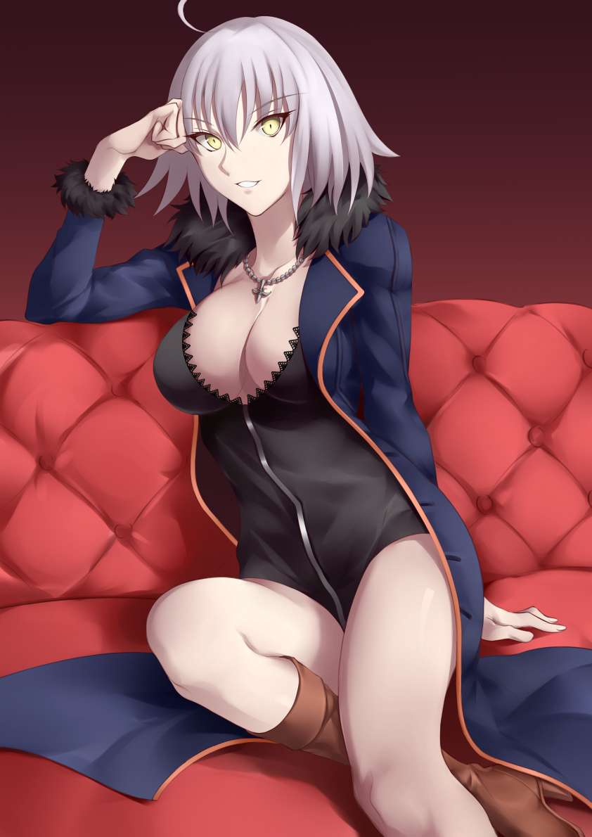 1girl ahoge black_dress boots breasts brown_footwear cleavage coat couch dress fate/grand_order fate_(series) full-length_zipper fur-trimmed_coat fur_trim high_heel_boots high_heels jeanne_d'arc_(alter)_(fate) jeanne_d'arc_(fate)_(all) jewelry knee_boots looking_at_viewer necklace parted_lips short_dress short_hair silver_hair solo tonyxx50 wicked_dragon_witch_ver._shinjuku_1999 yellow_eyes zipper
