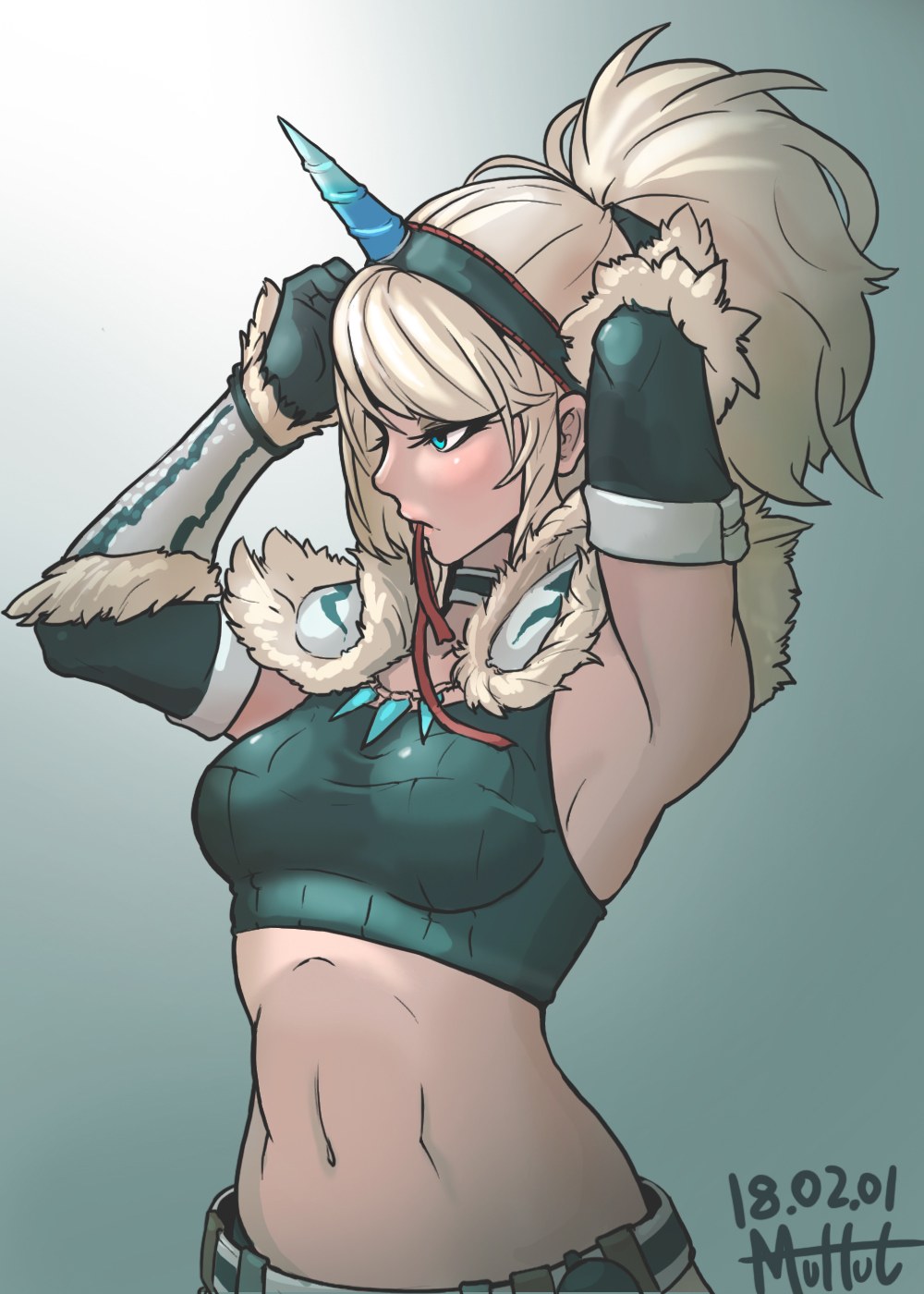 1girl adjusting_hair armor arms_up blue_eyes breasts crop_top elbow_gloves eyelashes gloves hair_ribbon half-closed_eyes highres horn horn_ornament jewelry kirin_(armor) midriff monster_hunter monster_hunter:_world mouth_hold muhut navel necklace ponytail ribbon ribbon_in_mouth sleeveless solo stomach vambraces white_hair