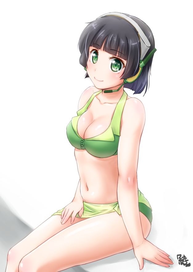 1girl ayama_yuiya bangs bikini black_hair blunt_bangs blush breasts collarbone eyebrows_visible_through_hair green_bikini green_eyes hand_on_own_thigh headset kyomachi_seika looking_at_viewer medium_breasts navel sarong short_hair sitting smile solo swimsuit voiceroid