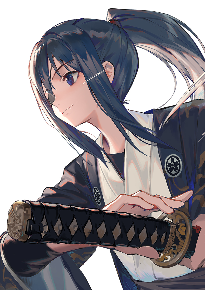1girl bangs blue_hair eyepatch hair_tie huanxiang_heitu japanese_clothes love_live! love_live!_sunshine!! matsuura_kanan ponytail ready_to_draw sidelocks simple_background smile solo sword upper_body violet_eyes weapon white_background wide_sleeves