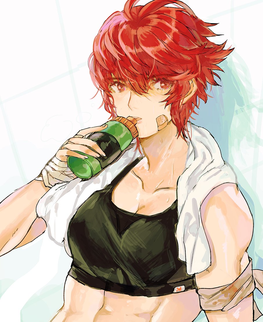 1girl abs bandage bandage_on_face bandaged_arm bandaged_hands bottle breasts cleavage collarbone contemporary drinking fire_emblem fire_emblem_if hinoka_(fire_emblem_if) jyuv red_eyes redhead short_hair sketch small_breasts solo sports_bra sweat towel towel_around_neck upper_body water_bottle
