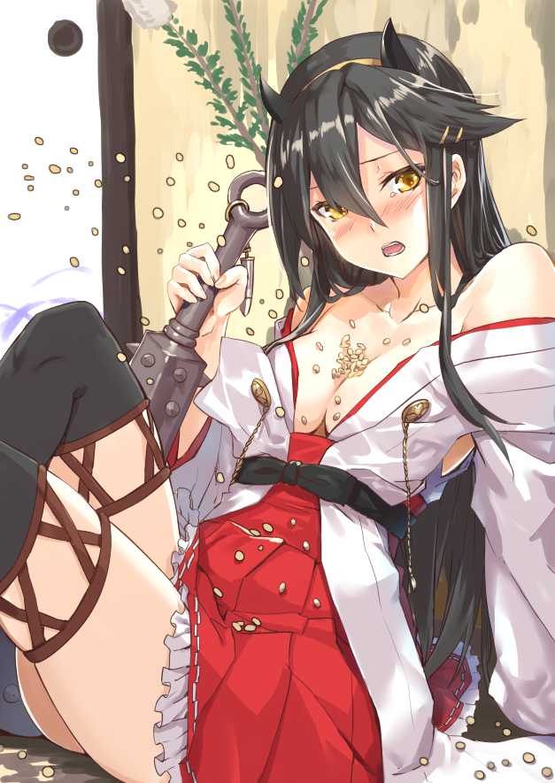 1girl bare_shoulders beans black_hair blush boots brown_eyes club collarbone detached_sleeves hair_ornament hairband hairclip haruna_(kantai_collection) holding holding_weapon indoors japanese_clothes kanabou kantai_collection kyougoku_touya long_hair nontraditional_miko oni_horns open_clothes setsubun sitting thigh-highs thigh_boots weapon wide_sleeves yellow_eyes