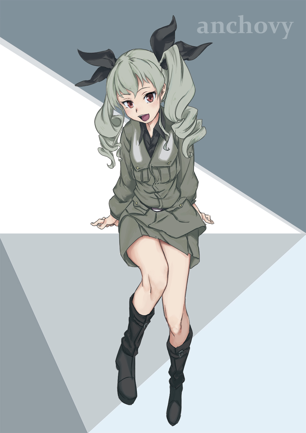 1girl alternate_uniform anchovy anzio_military_uniform arm_support bangs black_ribbon black_shirt character_name commentary_request dress_shirt drill_hair eyebrows_visible_through_hair full_body girls_und_panzer green_hair grey_jacket grey_skirt hair_ribbon highres invisible_chair jacket kabotya_to_rantan long_hair looking_at_viewer military military_uniform miniskirt open_mouth red_eyes ribbon shirt sitting skirt smile solo twin_drills twintails uniform wing_collar