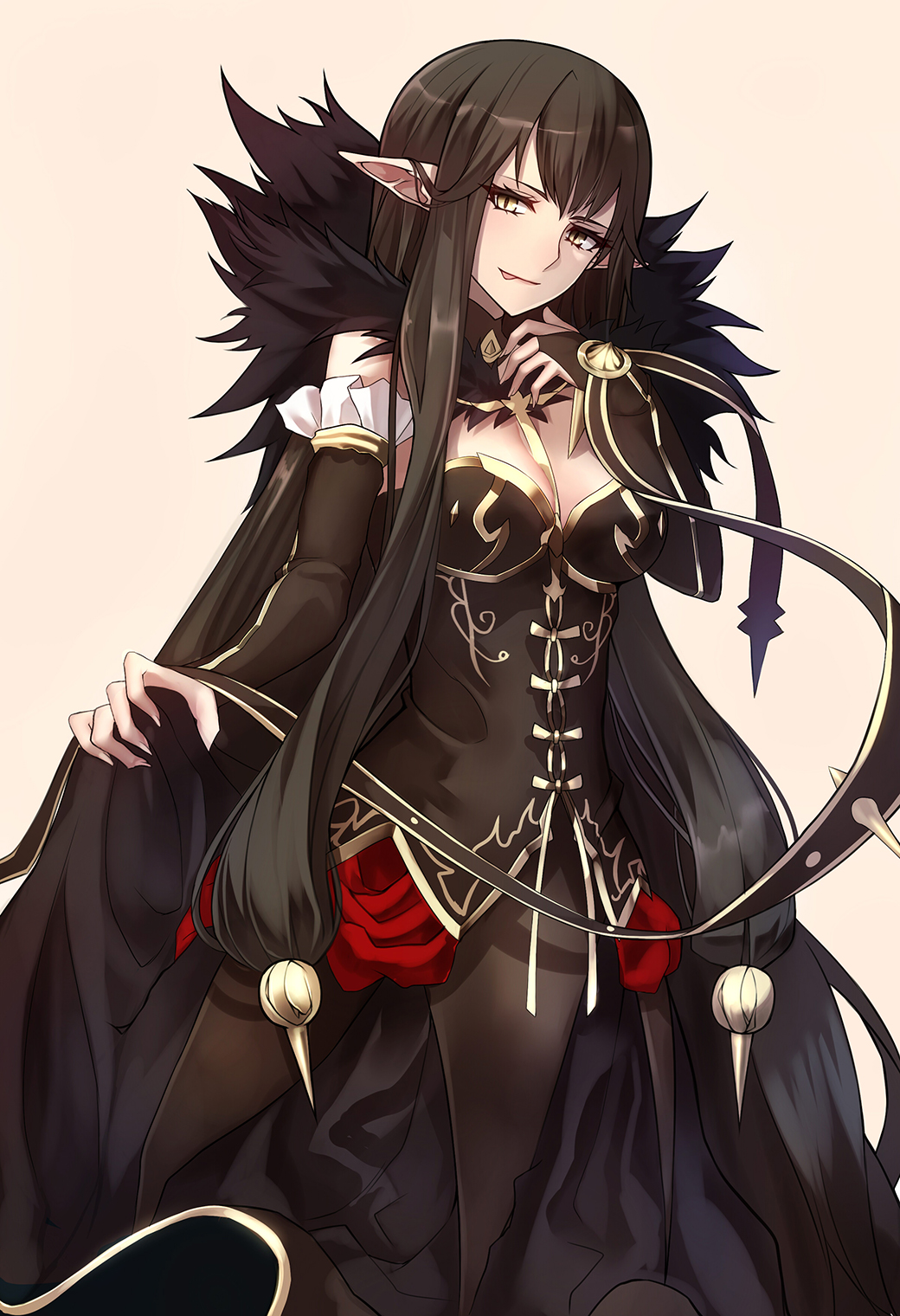 1girl :p bangs between_breasts black_cape black_dress black_hair breasts bridal_gauntlets brown_background cape dress fate/apocrypha fate_(series) fingernails fur_collar gold_trim hair_ornament hand_up head_tilt highres long_dress long_hair looking_at_viewer medium_breasts pointy_ears semiramis_(fate) sharp_fingernails shiguru shiny shiny_hair sidelocks simple_background skirt_hold slit_pupils solo standing straight_hair tongue tongue_out turtleneck very_long_hair yellow_eyes