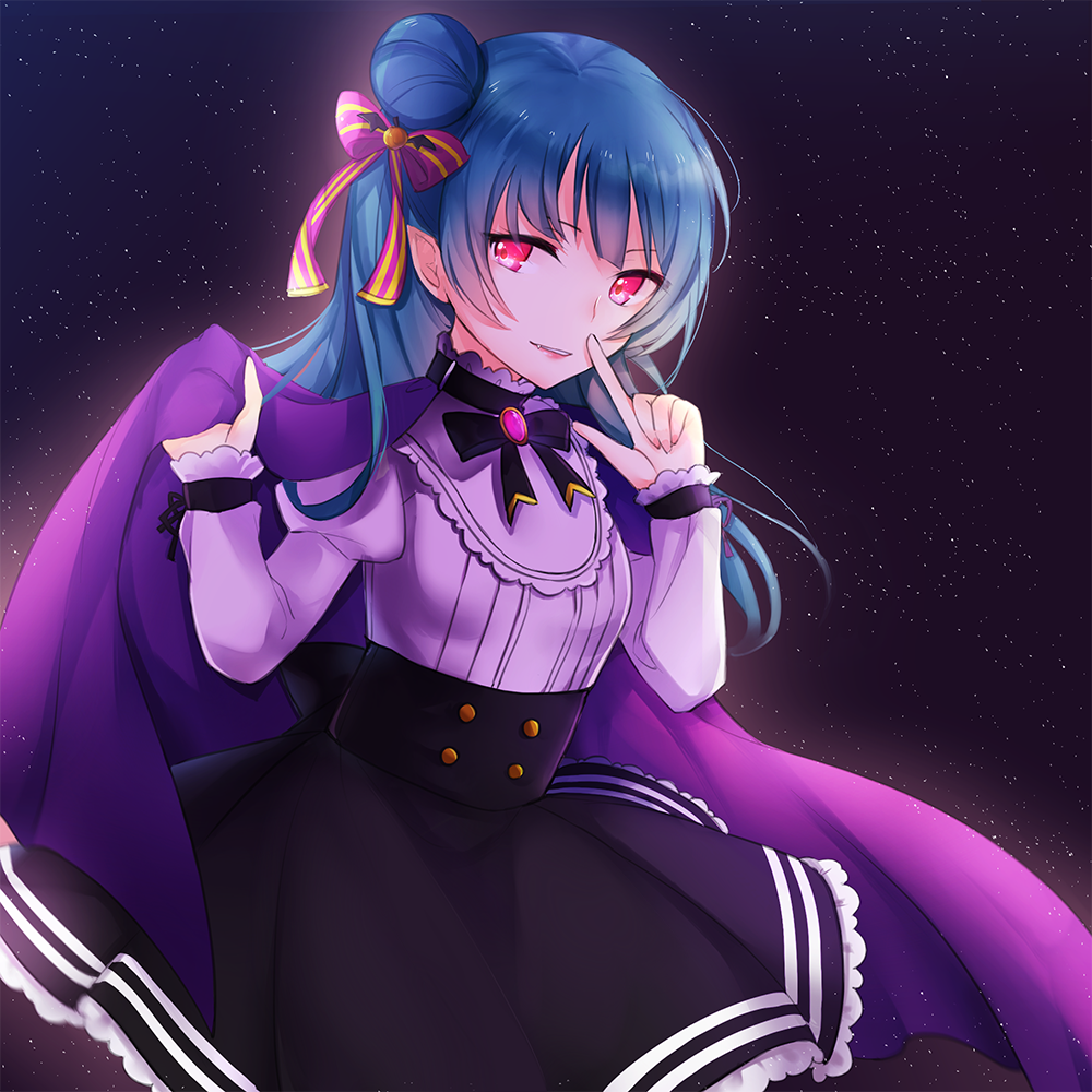1girl bangs blue_hair blunt_bangs bow brooch fang finger_to_face frilled_skirt frilled_sleeves frills gem glowing glowing_eyes hair_bow high-waist_skirt jewelry juliet_sleeves long_hair long_sleeves looking_at_viewer love_live! love_live!_sunshine!! pennant puffy_sleeves red_eyes shawl side_bun skirt smile solo space todoke_(320114) tsushima_yoshiko