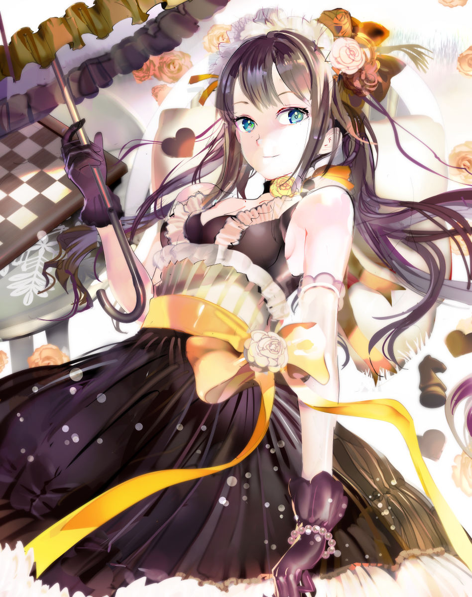 119 1girl black_gloves blue_eyes blush bow breasts brown_hair chess_piece chessboard closed_mouth dress flower gloves hair_bow heart highres idolmaster idolmaster_cinderella_girls long_hair looking_at_viewer medium_breasts rose shibuya_rin smile solo