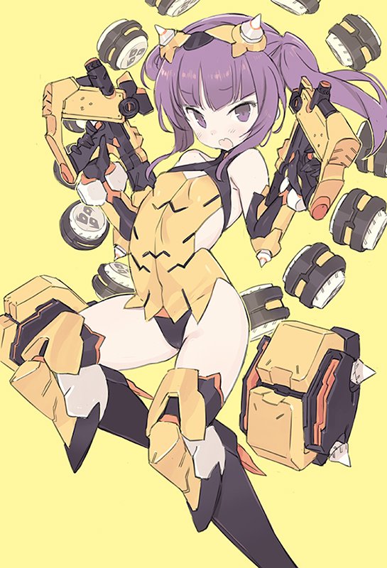 1girl armor bangs bare_shoulders black_gloves black_legwear blade_(galaxist) blush breasts commentary_request copyright_request elbow_gloves eyebrows_visible_through_hair fang gloves gun handgun holding holding_gun holding_weapon horns kneehighs leotard looking_at_viewer open_mouth pistol purple_hair small_breasts solo twintails violet_eyes weapon yellow_background