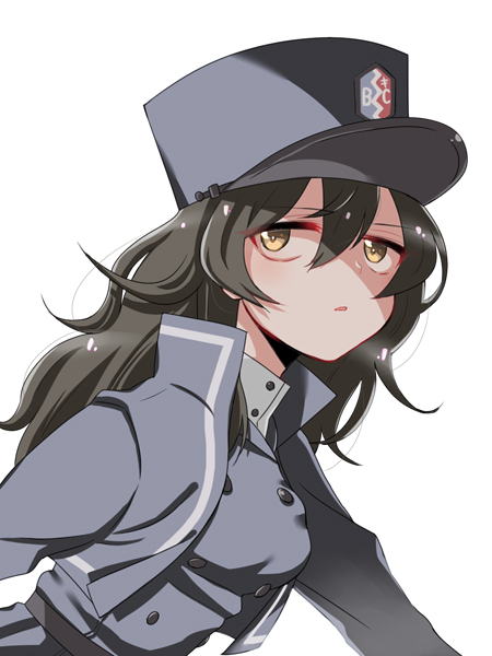 1girl alternate_hair_length alternate_hairstyle andou_(girls_und_panzer) bangs bc_freedom_(emblem) bc_freedom_military_uniform black_hair blue_hat blue_jacket blue_vest brown_eyes cropped_torso dark_skin dress_shirt from_side girls_und_panzer hat high_collar jacket kumasawa_(dkdkr) long_hair long_sleeves looking_back military_hat parted_lips shako_cap shirt simple_background solo standing upper_body vest white_background white_shirt