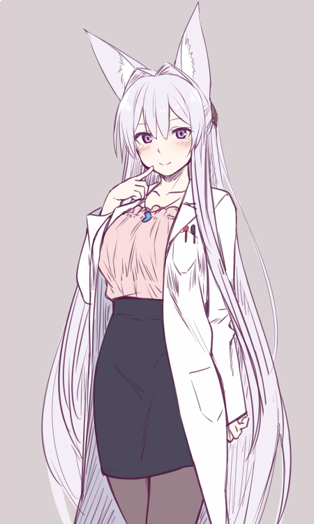 1girl arm_at_side bangs black_legwear black_skirt blouse blush breasts closed_mouth coat commentary_request doctor finger_to_cheek grey_background hair_between_eyes hair_intakes hand_up index_finger_raised jewelry labcoat large_breasts lavender_hair long_hair looking_at_viewer magatama_necklace necklace open_clothes open_coat original pantyhose pencil_skirt pink_blouse purple_hair sidelocks simple_background skirt smile solo tamamo_(yagi) very_long_hair violet_eyes yagi_(ningen)