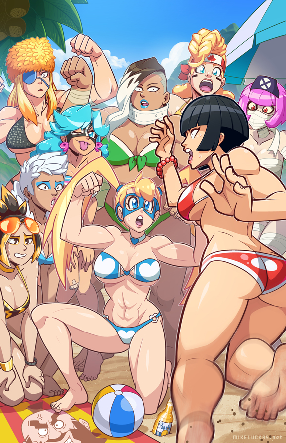 6+girls abs ass bandage beach biceps bikini breasts cleavage dark_skin domino_mask eyepatch flexing fuka_(street_fighter) half_mask harmageddon_yoko looking_at_viewer maple_storm mask mike_luckas multicolored_hair multiple_girls muscle muscular_female neck_brace pepe_ishiwata pose raika_(street_fighter) street_fighter street_fighter_v street_fighter_zero_(series) sunrise_nishisenba swimsuit toned two-tone_hair vivian_nishiki yamato_nadeshiko_(street_fighter)