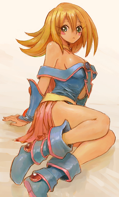 bare_shoulders blonde_hair breasts cleavage commentary_request dark_magician_girl detached_sleeves duel_monster hat large_breasts long_hair smile yu-gi-oh! yuu-gi-ou_duel_monsters yuza