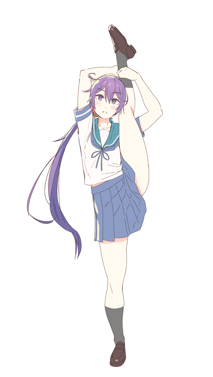 1girl akebono_(kantai_collection) arms_up commentary_request flexible full_body highres kantai_collection leg_up loafers long_hair neck_ribbon one_leg_raised one_side_up pleated_skirt purple_hair ribbon sailor_collar school_uniform serafuku shoes simple_background skirt solo standing standing_on_one_leg very_long_hair violet_eyes white_background yuuji_(and)