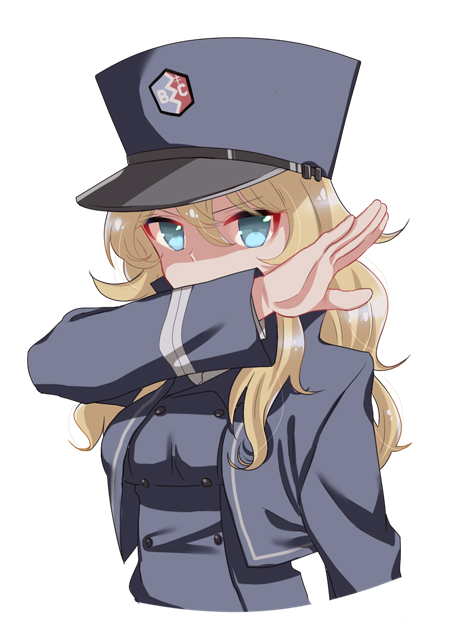 1girl alternate_hair_length alternate_hairstyle bangs bc_freedom_(emblem) bc_freedom_military_uniform blonde_hair blue_eyes blue_hat blue_jacket blue_vest covering_mouth cropped_torso girls_und_panzer hat jacket kumasawa_(dkdkr) long_hair long_sleeves military_hat oshida_(girls_und_panzer) shako_cap simple_background solo standing upper_body vest white_background