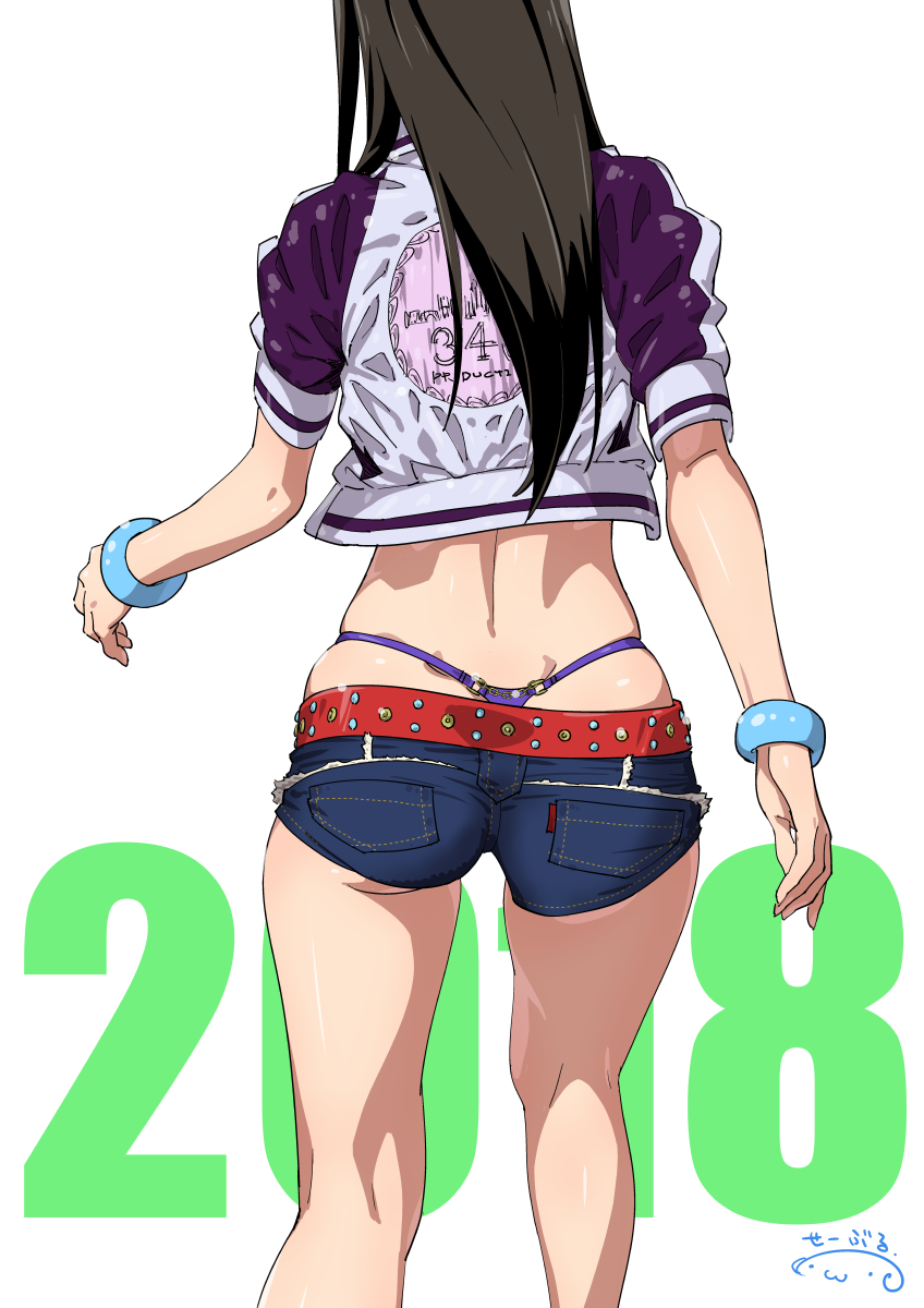 1girl 2018 ass black_hair bracelet commentary_request cropped_jacket denim denim_shorts from_behind highres idolmaster idolmaster_cinderella_girls jewelry kneepits long_hair panties purple_panties shibuya_rin short_shorts short_sleeves shorts signature simple_background solo standing suna thong underwear white_background