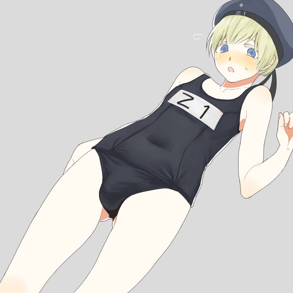 1boy black_school_swimsuit blonde_hair blue_eyes blush bulge covered_navel dutch_angle genderswap gluteal_fold hat kantai_collection male_focus nejikos open_mouth sailor_hat school_swimsuit solo swimsuit trap z1_leberecht_maass_(kantai_collection)