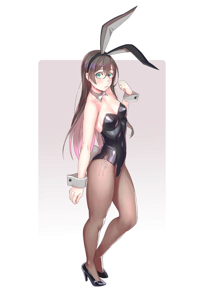 1girl animal_ears black_leotard blush breasts brown_hair brown_legwear bunny_tail bunnysuit closed_mouth contrapposto detached_collar fake_animal_ears fake_tail full_body glasses gradient gradient_background green_eyes hand_up highres kantai_collection leotard long_hair looking_at_viewer medium_breasts ooyodo_(kantai_collection) pantyhose purple_background rabbit_ears solo standing tail wrist_cuffs yuuji_(and)