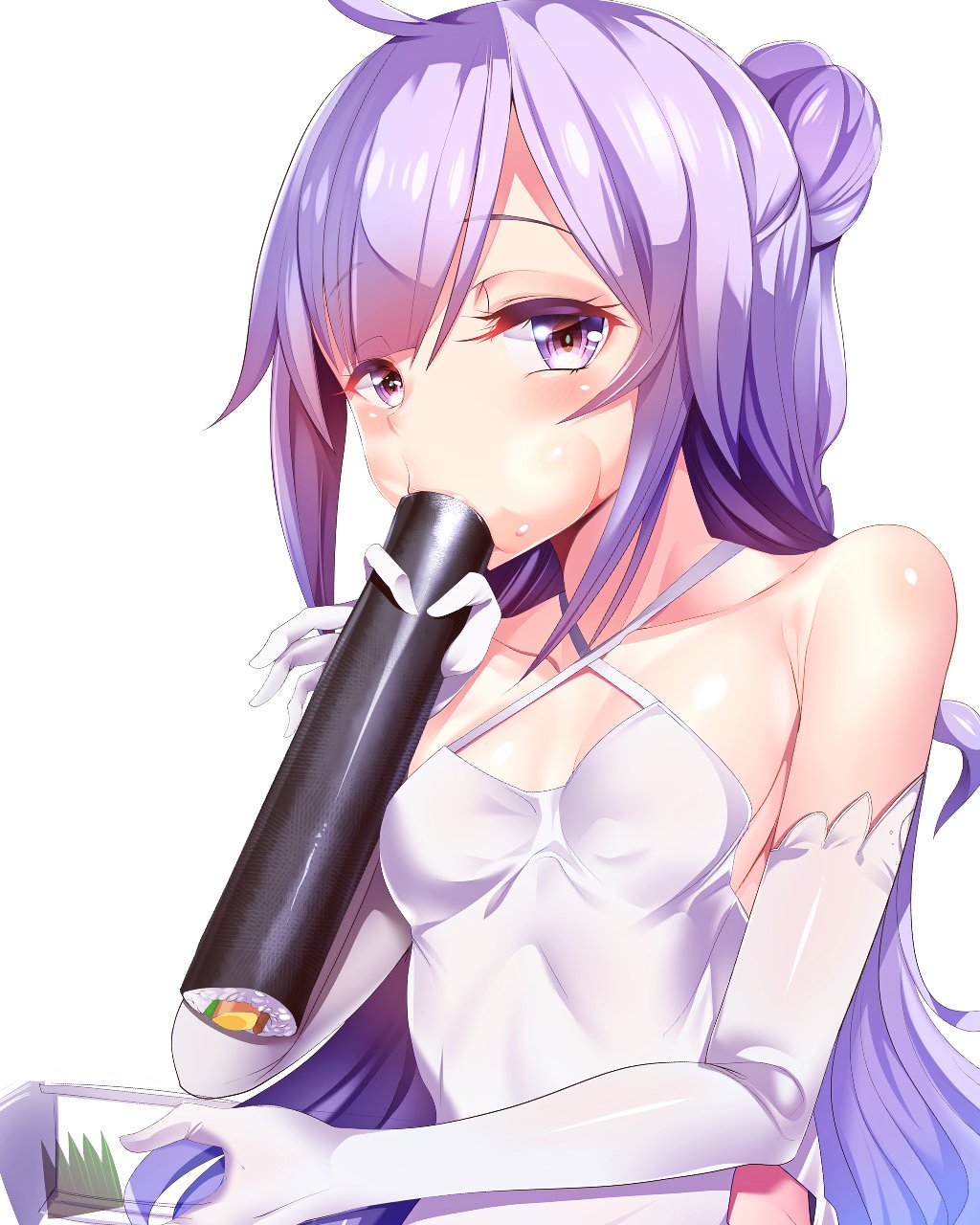 1girl azur_lane bare_shoulders blush breasts collarbone commentary_request dress ehoumaki elbow_gloves food food_on_face gloves halter_dress highres long_hair looking_at_viewer makizushi purple_hair rice rice_on_face sexually_suggestive silly_(marinkomoe) simple_background small_breasts solo sushi unicorn_(azur_lane) upper_body violet_eyes white_background white_dress white_gloves