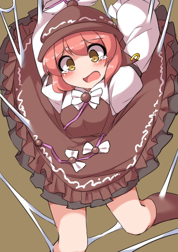 1girl bent_knees blush breasts brown_background brown_legwear commentary_request dress earrings frilled_dress frills fun_bo hat jewelry kneehighs long_sleeves medium_breasts mystia_lorelei open_mouth pink_hair puffy_long_sleeves puffy_sleeves short_hair silk solo spider_web touhou trapped yellow_eyes