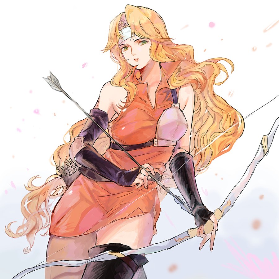 1girl arm_warmers arrow bare_shoulders black_legwear blonde_hair bow_(weapon) bracer breasts briggid_(fire_emblem) cowboy_shot dress fingerless_gloves fire_emblem fire_emblem:_seisen_no_keifu gloves green_eyes headband jyuv long_hair looking_at_viewer medium_breasts orange_dress quiver short_dress simple_background sleeveless sleeveless_dress solo thigh-highs weapon white_background