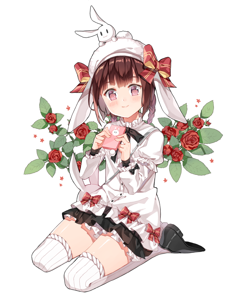 1girl animal animal_hat animal_on_head black_footwear black_skirt blush bow brown_eyes brown_hair bunny_hat bunny_on_head cellphone closed_mouth commentary diten full_body girls_frontline hat hat_bow head_tilt holding holding_cellphone holding_phone long_hair long_sleeves low_twintails m99_(girls_frontline) miniskirt on_head phone plaid plaid_bow puffy_short_sleeves puffy_sleeves rabbit red_bow red_ribbon ribbed_sweater ribbon seiza shirt shoes short_over_long_sleeves short_sleeves sitting skirt smile solo sweater thigh-highs twintails white_background white_hat white_legwear white_shirt