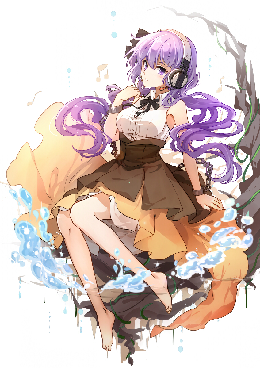 1girl bangs bare_legs barefoot beamed_quavers black_bow black_neckwear black_ribbon blush bow breasts brown_skirt chains collared_shirt cuffs dress full_body glint hair_bow headphones headset high-waist_skirt highres layered_dress long_hair looking_at_viewer low_twintails medium_breasts medium_skirt musical_note neck_ribbon parted_lips plant quaver ribbon shackles shiny shiny_hair shirt sindre sitting skirt sleeveless sleeveless_shirt solo touhou tree_stump tsukumo_benben twintails vines violet_eyes water white_shirt wing_collar