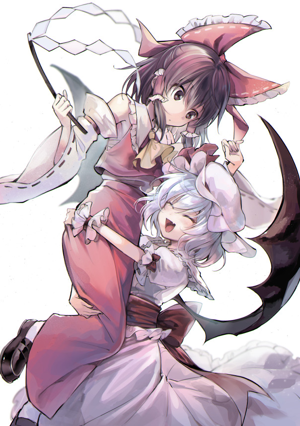 2girls :d ^_^ ascot bare_shoulders bat_wings blue_hair bow brown_eyes brown_hair closed_eyes commentary_request detached_sleeves fang gohei hair_bow hair_tubes hakurei_reimu hat height_difference hug japanese_clothes miko mob_cap multiple_girls open_mouth puffy_short_sleeves puffy_sleeves remilia_scarlet ribbon-trimmed_sleeves ribbon_trim short_hair short_sleeves smile touhou wings wrist_cuffs yuki_(popopo)