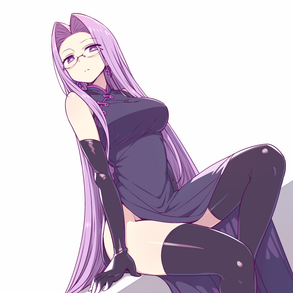 1girl bangs black_dress black_gloves black_legwear breasts bright_pupils chan_co china_dress chinese_clothes closed_eyes dress dutch_angle earrings elbow_gloves fate_(series) glasses gloves jewelry leg_up long_hair looking_at_viewer medium_breasts no_panties parted_bangs purple_hair rider rimless_eyewear side_slit sidelocks simple_background sitting solo thigh-highs very_long_hair violet_eyes