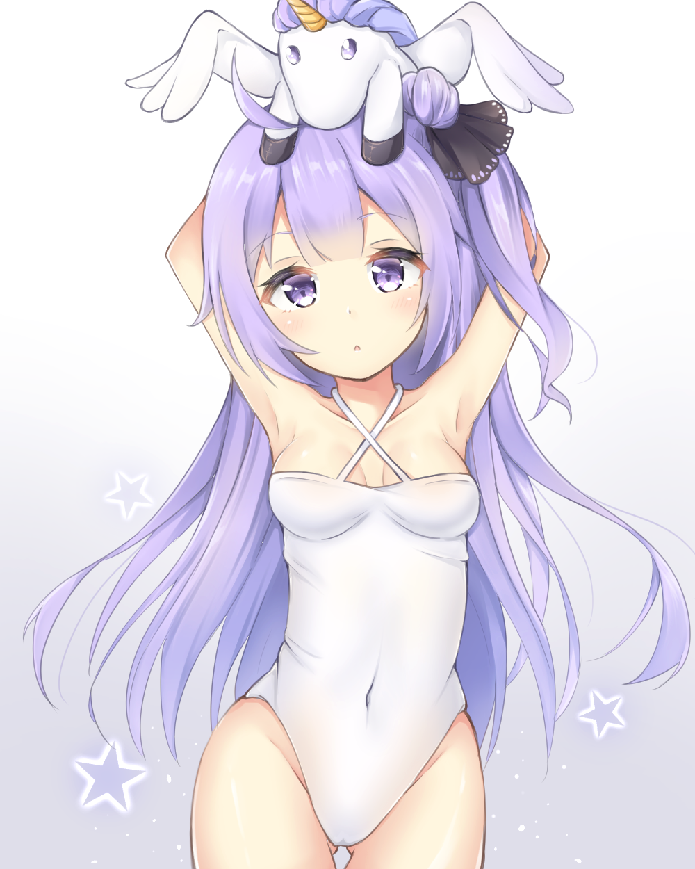 1girl arms_up azur_lane breasts casual_one-piece_swimsuit cowboy_shot criss-cross_halter gradient gradient_background halterneck highres long_hair looking_at_viewer one-piece_swimsuit purple_background purple_hair seventeen_(st17215) small_breasts solo stuffed_animal stuffed_pegasus stuffed_toy stuffed_unicorn swimsuit unicorn_(azur_lane) violet_eyes white_background white_swimsuit