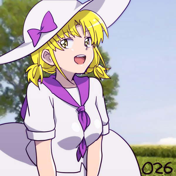 1girl :d between_breasts blonde_hair blue_sky bow breasts chahora_(siki_dos) day facing_away hair_intakes hat hat_bow looking_away looking_to_the_side low_twintails luize medium_breasts neckerchief number open_mouth outdoors purple_bow purple_neckwear purple_sailor_collar sailor_collar shirt short_hair short_sleeves skirt skirt_set sky smile solo teeth tongue touhou touhou_(pc-98) tree twintails upper_body white_hat white_shirt white_skirt yellow_eyes