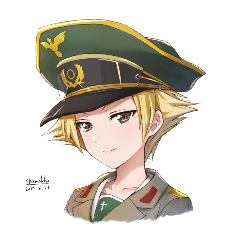 1girl artist_name blonde_hair brown_eyes brown_jacket closed_mouth dated erwin_(girls_und_panzer) girls_und_panzer goggles goggles_on_headwear green_hat hat jacket looking_at_viewer military_hat military_jacket ooarai_school_uniform peaked_cap pointy_hair portrait school_uniform serafuku shamakho short_hair signature simple_background smile solo white_background