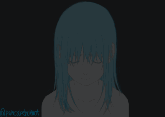 1girl animated animated_gif black_background blue_eyes blue_hair copyright_request floating_hair looking_at_viewer medium_hair nude parted_lips shirokuro-kun simple_background solo twitter_username upper_body wide-eyed