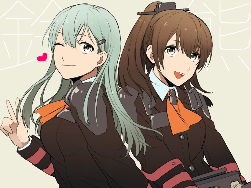 2girls blue_eyes blue_hair blue_shirt brown_hair cravat headgear heart holding kantai_collection kumano_(kantai_collection) long_hair looking_at_viewer man_naka multiple_girls one_eye_closed ponytail shirt suzuya_(kantai_collection) uniform upper_body v writing