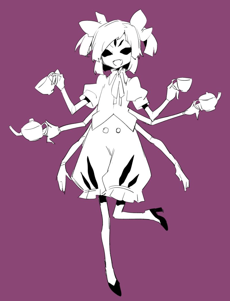 1girl cup extra_eyes fangs high_heels holding holding_cup insect_girl looking_at_viewer mamimu_(ko_cha_22) monochrome monster_girl muffet multiple_arms one_eye_closed one_leg_raised open_mouth puffy_short_sleeves puffy_shorts puffy_sleeves purple_background short_hair short_sleeves shorts sketch smile solo spider_girl teacup teapot undertale