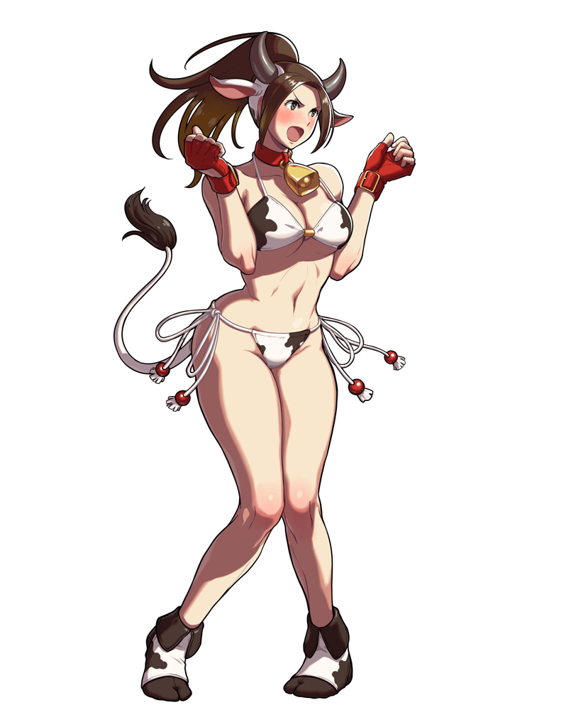 1girl animal_ears animal_print bell bell_collar bikini blush breasts brown_hair cleavage collar cow_bell cow_ears cow_print cow_tail fatal_fury fingerless_gloves full_body gloves horns navel official_art ogura_eisuke open_mouth ponytail red_gloves shiranui_mai snk snk_heroines:_tag_team_frenzy solo stomach string_bikini swimsuit tail the_king_of_fighters