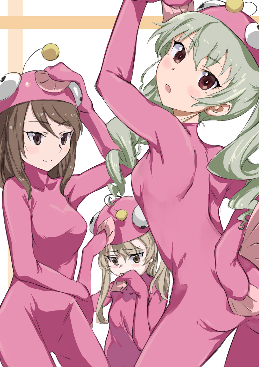 3girls anchovy anglerfish_costume arm_behind_back bangs black_ribbon bodysuit brown_eyes brown_hair closed_mouth commentary_request cowboy_shot drill_hair eyebrows_visible_through_hair fish_costume from_behind frown girls_und_panzer green_hair hair_ribbon hat highres kabotya_to_rantan light_brown_hair long_hair looking_at_viewer looking_back mika_(girls_und_panzer) multiple_girls open_mouth pink_bodysuit pink_hat red_eyes ribbon shimada_arisu smile standing twin_drills twintails