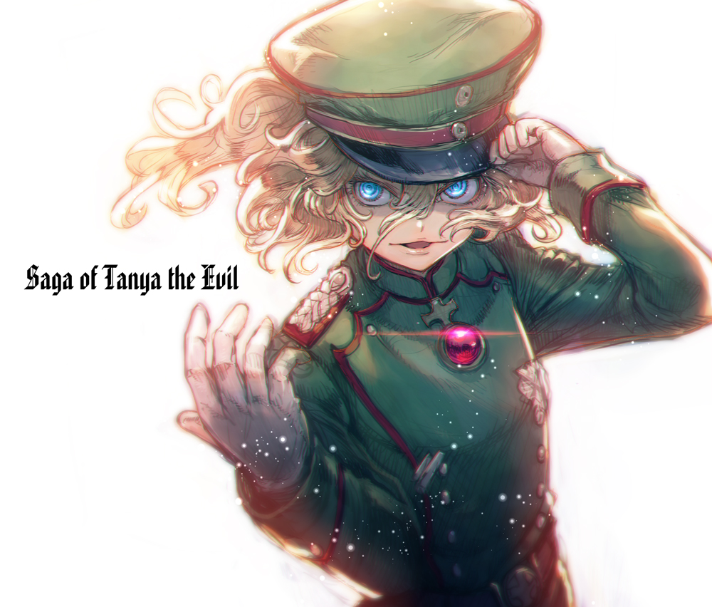 1girl amulet arm_up blonde_hair blue_eyes boyaking copyright_name curly_hair gloves hat long_hair looking_at_viewer military military_uniform parted_lips simple_background solo tanya_degurechaff uniform white_background white_gloves youjo_senki