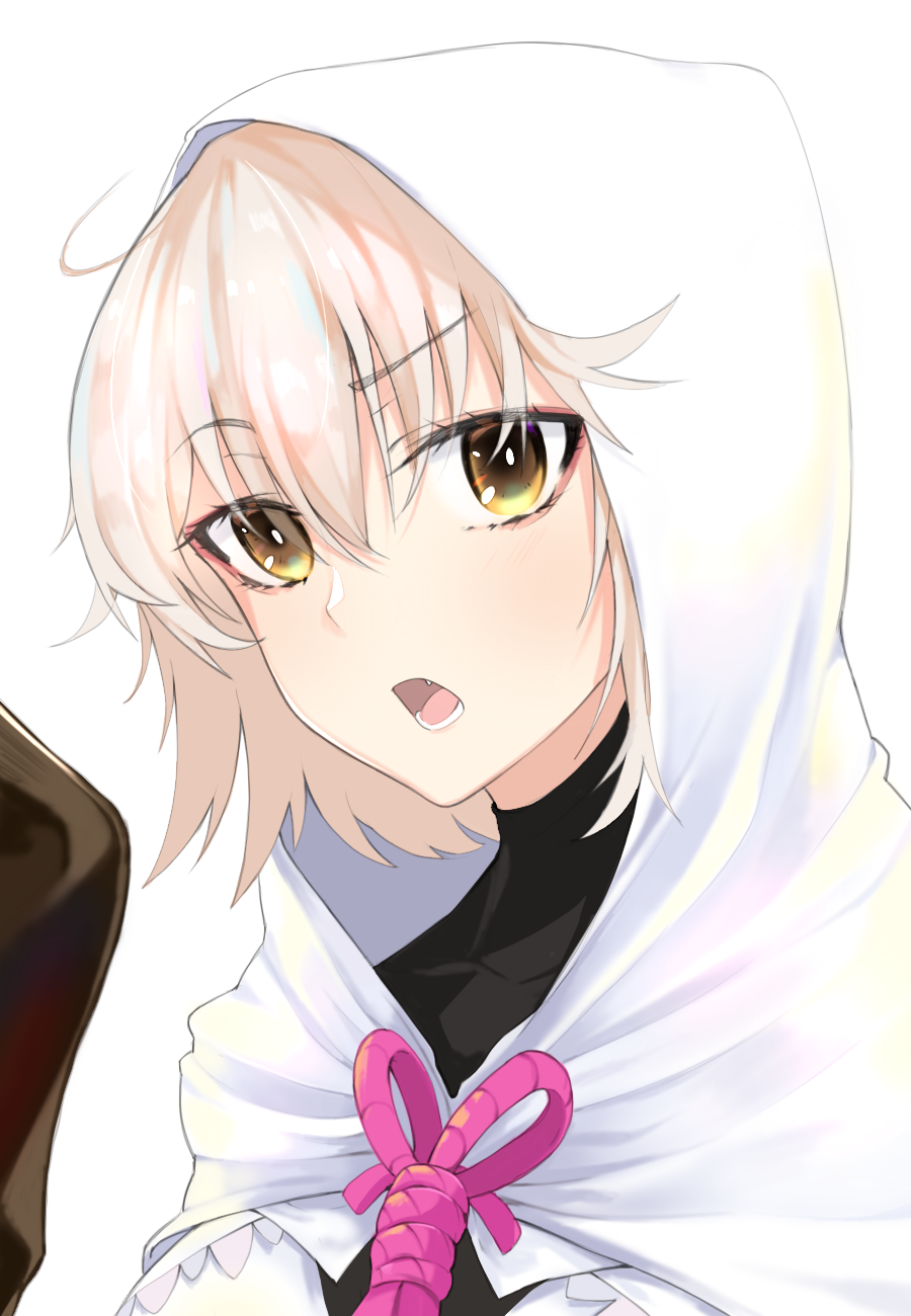 1girl bangs blonde_hair eyebrows_visible_through_hair face fang fate/grand_order fate_(series) highres hood hood_up huyou_(awegk) jeanne_d'arc_(alter)_(fate) jeanne_d'arc_(fate)_(all) open_mouth raised_eyebrow short_hair solo white_hood yellow_eyes