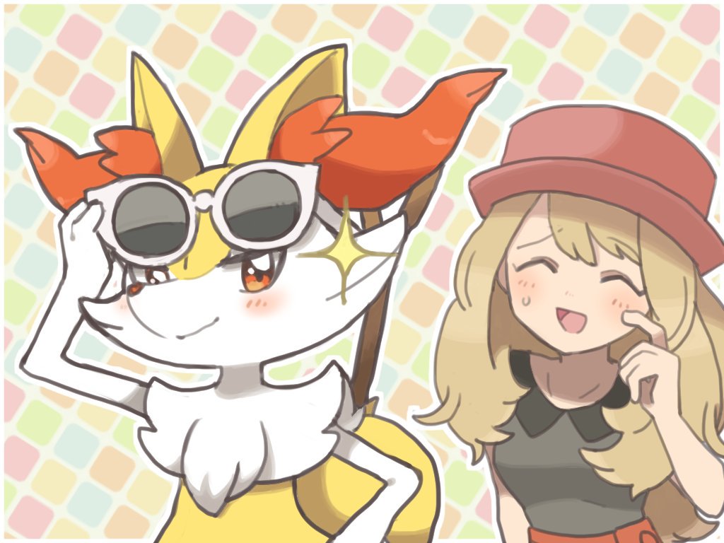 1girl :d ^_^ black_shirt blonde_hair blush braixen closed_eyes closed_mouth commentary_request eyebrows_visible_through_hair hand_up hat open_mouth pokemon red_eyes red_hat sasa_kichi serena_(pokemon) shirt short_sleeves smile solo sparkle sunglasses