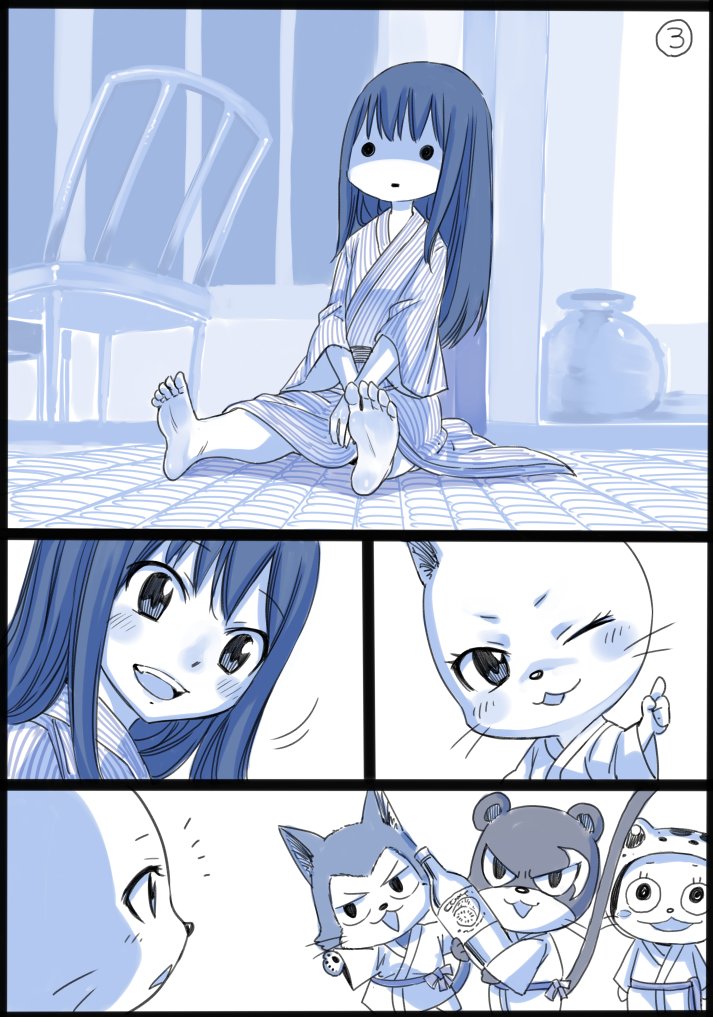 2boys 2girls ;d barefoot bath_yukata black_border blush_stickers border carrying cat chair charle_(fairy_tail) comic fairy_tail frosch index_finger_raised japanese_clothes kimono lector_(fairy_tail) long_hair mashima_hiro monochrome multiple_boys multiple_girls one_eye_closed open_mouth pantherlily shaded_face silent_comic smile solid_circle_eyes tatami wendy_marvell yukata