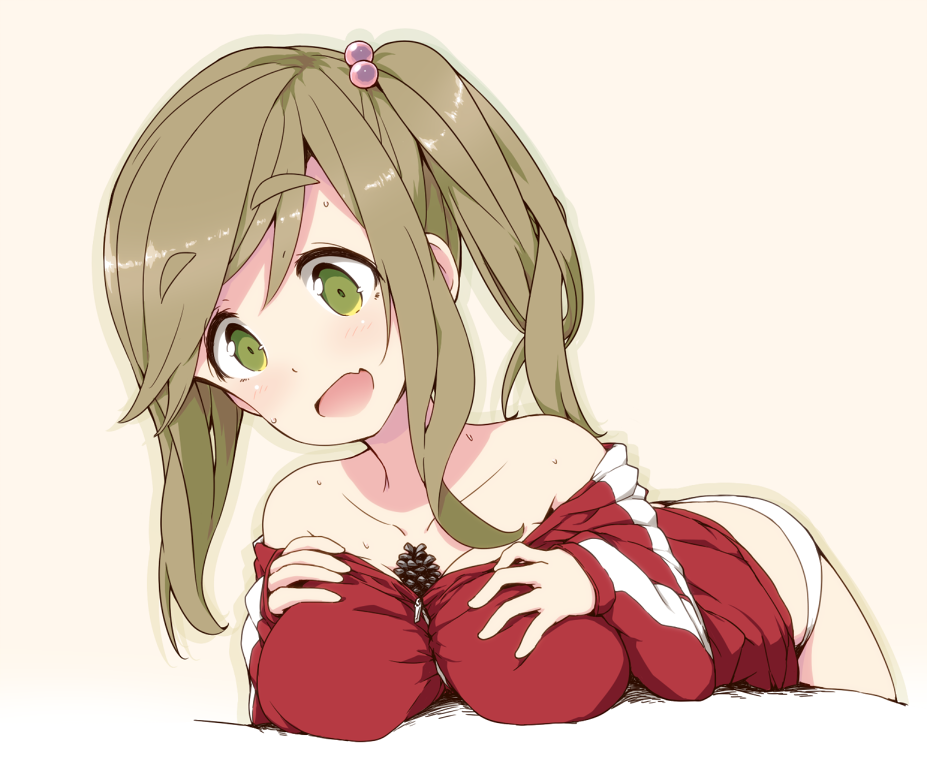 1girl asterisk_(artist) bare_shoulders between_breasts blush breasts brown_hair collarbone commentary_request eyebrows_visible_through_hair fang green_eyes hair_bobbles hair_ornament inuyama_aoi jacket large_breasts long_hair no_pants off_shoulder open_mouth panties pinecone side_ponytail simple_background smile solo sweat thick_eyebrows track_jacket underwear white_panties yurucamp