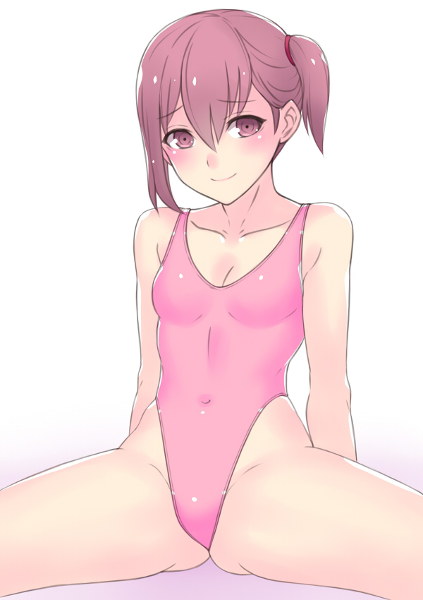 1girl breasts brown_eyes brown_hair collarbone covered_navel hai_(h81908190) highleg highleg_swimsuit looking_at_viewer original pink_swimsuit short_hair side_ponytail simple_background sitting small_breasts smile solo spread_legs swimsuit white_background