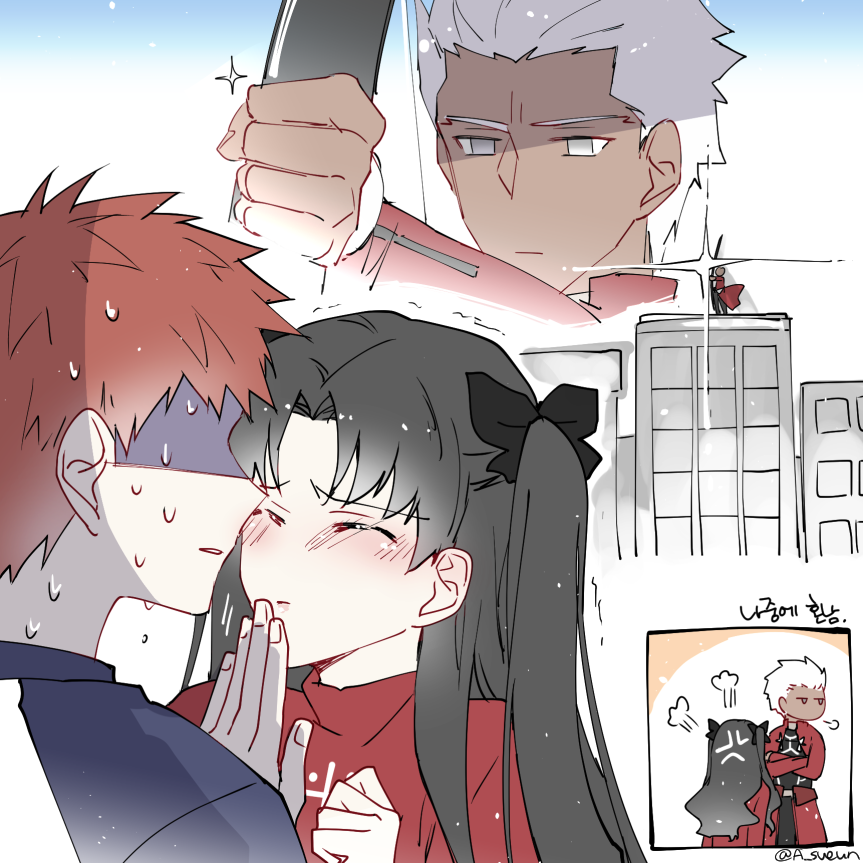 1girl 2boys anger_vein angry archer black_hair blocking_kiss blush bow_(weapon) building casual closed_eyes comic commentary_request cross dark_skin emiya_shirou eyebrows_visible_through_hair fate/stay_night fate_(series) grey_eyes hair_ribbon holding holding_bow_(weapon) holding_weapon incoming_kiss jacket long_hair multiple_boys red_clothes red_jacket redhead ribbon scared signature tohsaka_rin twintails weapon white_hair zelovel