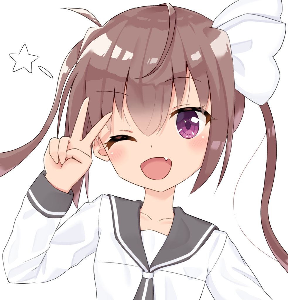 1girl ;d arm_up bangs blush bow brown_hair collarbone commentary_request eyebrows_visible_through_hair fang grey_neckwear hair_between_eyes hair_bow long_hair looking_at_viewer momochi_tamate one_eye_closed open_mouth school_uniform serafuku shirt sidelocks simple_background slow_start smile solo star sutei_(xfzdarkt) twintails v very_long_hair violet_eyes white_background white_bow white_shirt