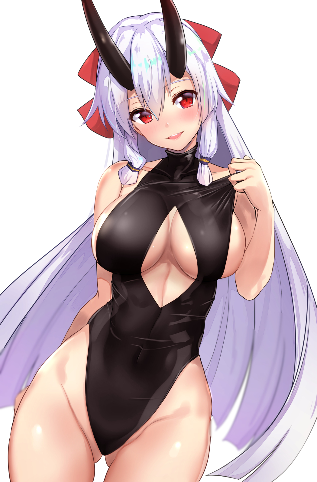 1girl :d arm_behind_back black_leotard blush bow breasts cleavage_cutout commentary_request eyebrows_visible_through_hair fate/grand_order fate_(series) gluteal_fold hair_bow highleg highleg_leotard highres horn horns large_breasts leotard long_hair looking_at_viewer oni open_mouth red_bow red_eyes sidelocks silver_hair simple_background smile solo standing teeth tomoe_gozen_(fate/grand_order) untsue very_long_hair white_background