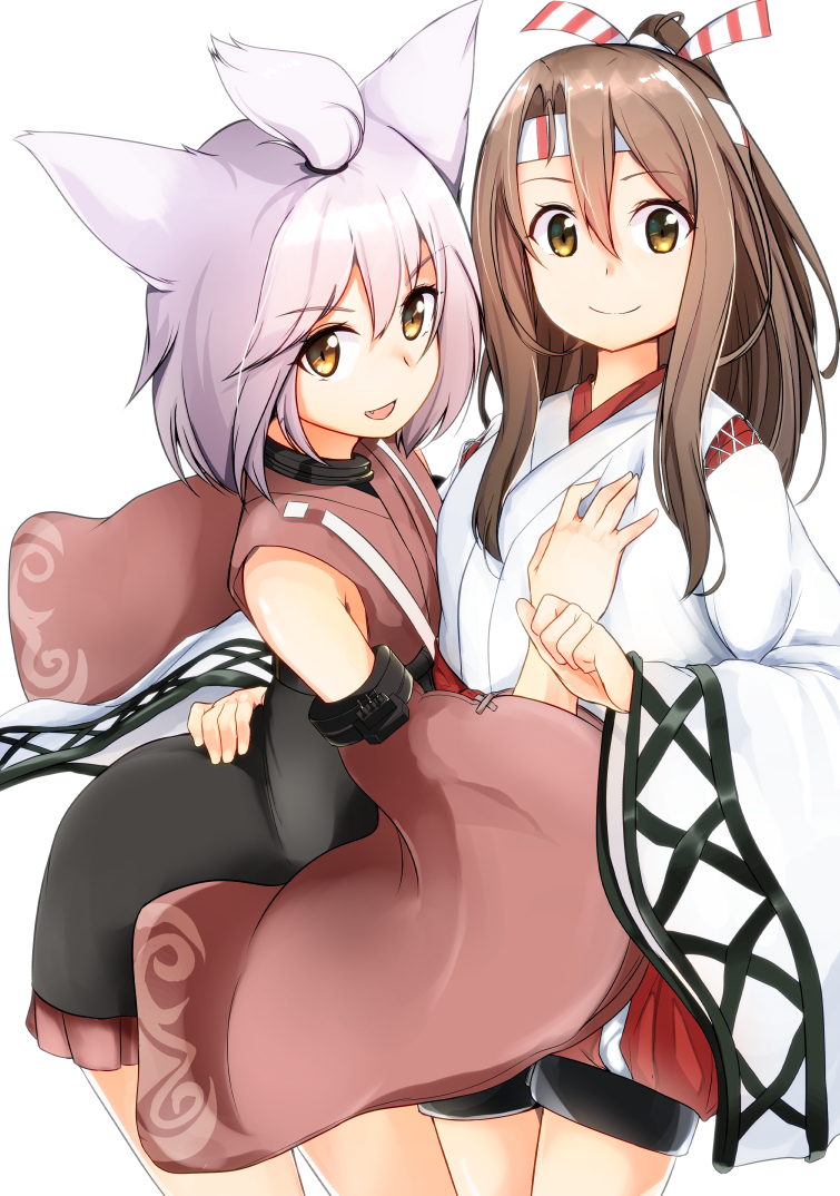 2girls animal_ears azur_lane cowboy_shot detached_sleeves eyebrows_visible_through_hair fang hachimaki hair_between_eyes hand_on_another's_chest hand_on_another's_hip headband high_ponytail japanese_clothes kantai_collection kimono light_brown_hair long_hair long_sleeves looking_at_viewer multiple_girls open_mouth ponytail red_shorts short_hair shorts shouhou_(azur_lane) sidelocks simple_background smile topknot white_background white_hair white_kimono wide_sleeves yellow_eyes zarashi zuihou_(kantai_collection)